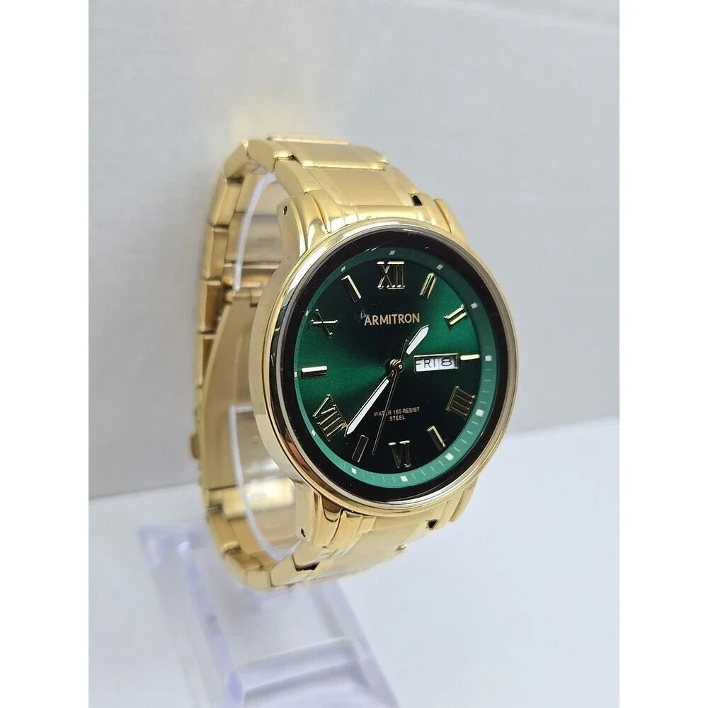 Armitron Mens Gold Tone Green Dial Day Date Quartz Watch 20/4935GP New Battery